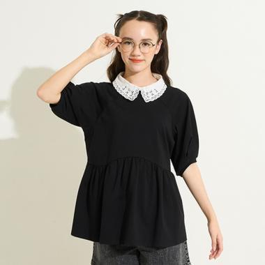 【AMI】【接觸涼感】刺繡翻領荷葉邊下襬針織套頭衫