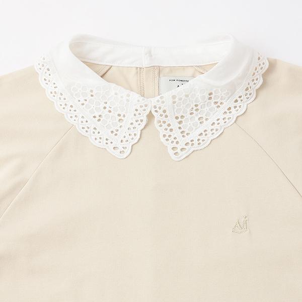 【AMI】【接觸涼感】刺繡翻領荷葉邊下襬針織套頭衫