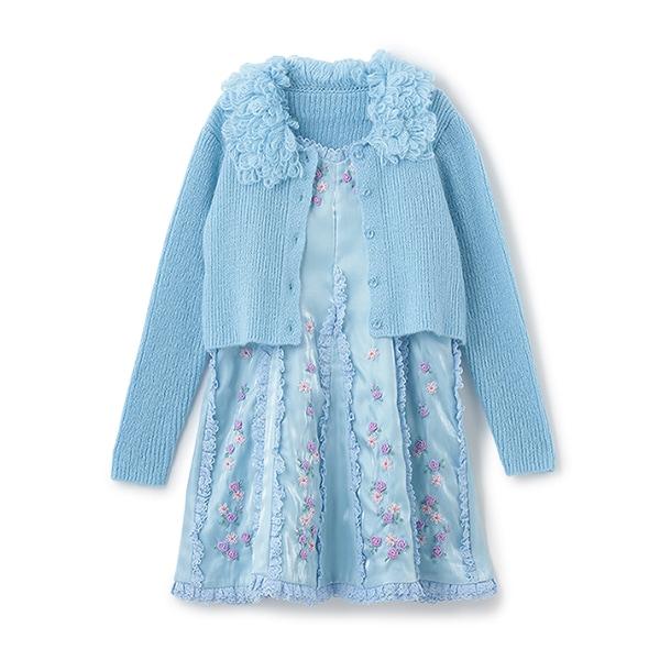 針織開衫&花卉刺繡連衣裙套裝