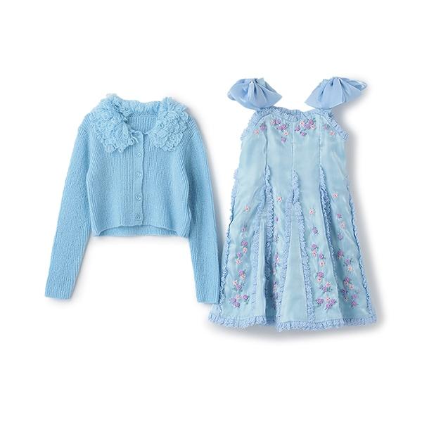 針織開衫&花卉刺繡連衣裙套裝