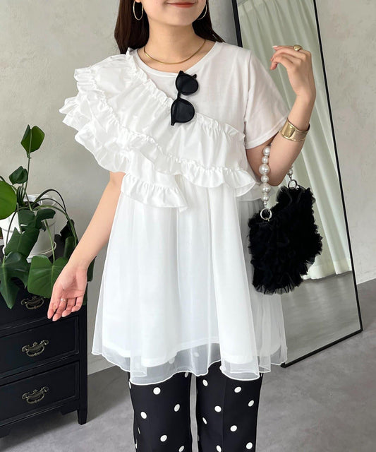 斜角荷葉邊蕾絲拼接荷葉邊T恤