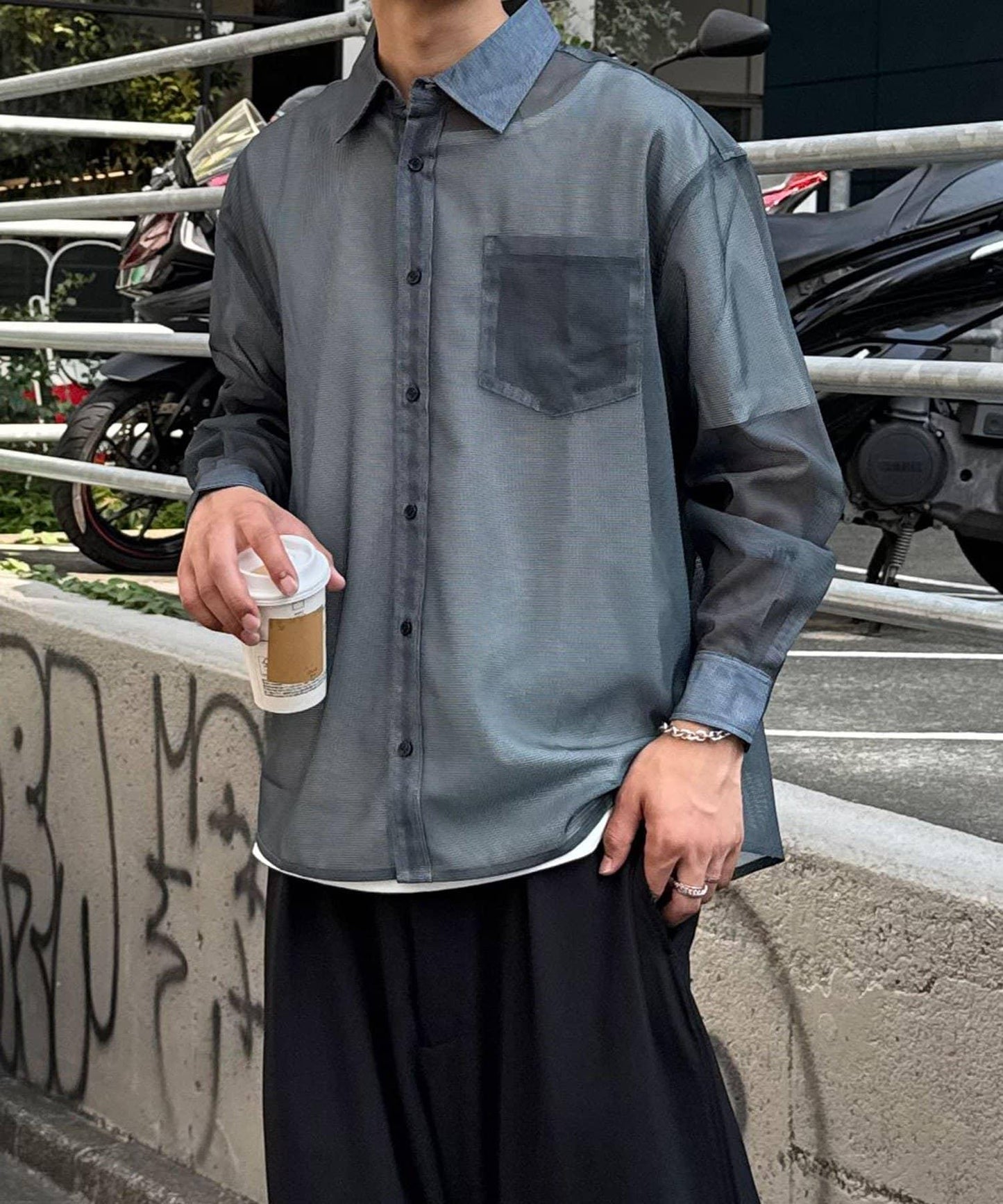 網眼拼花長袖襯衫