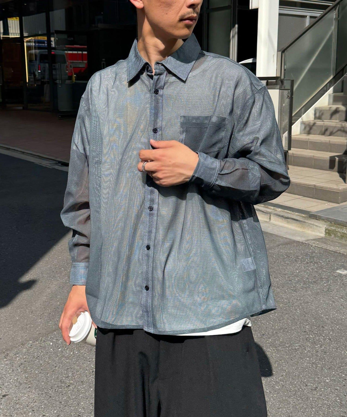 網眼拼花長袖襯衫