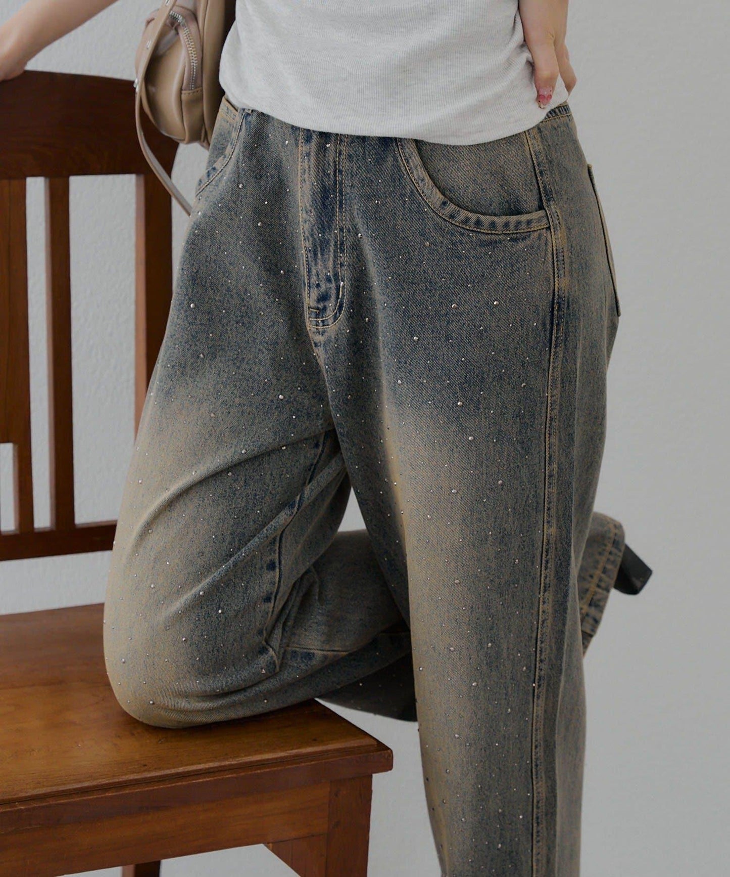 【2尺碼展開】帶石頭的寬鬆牛仔褲