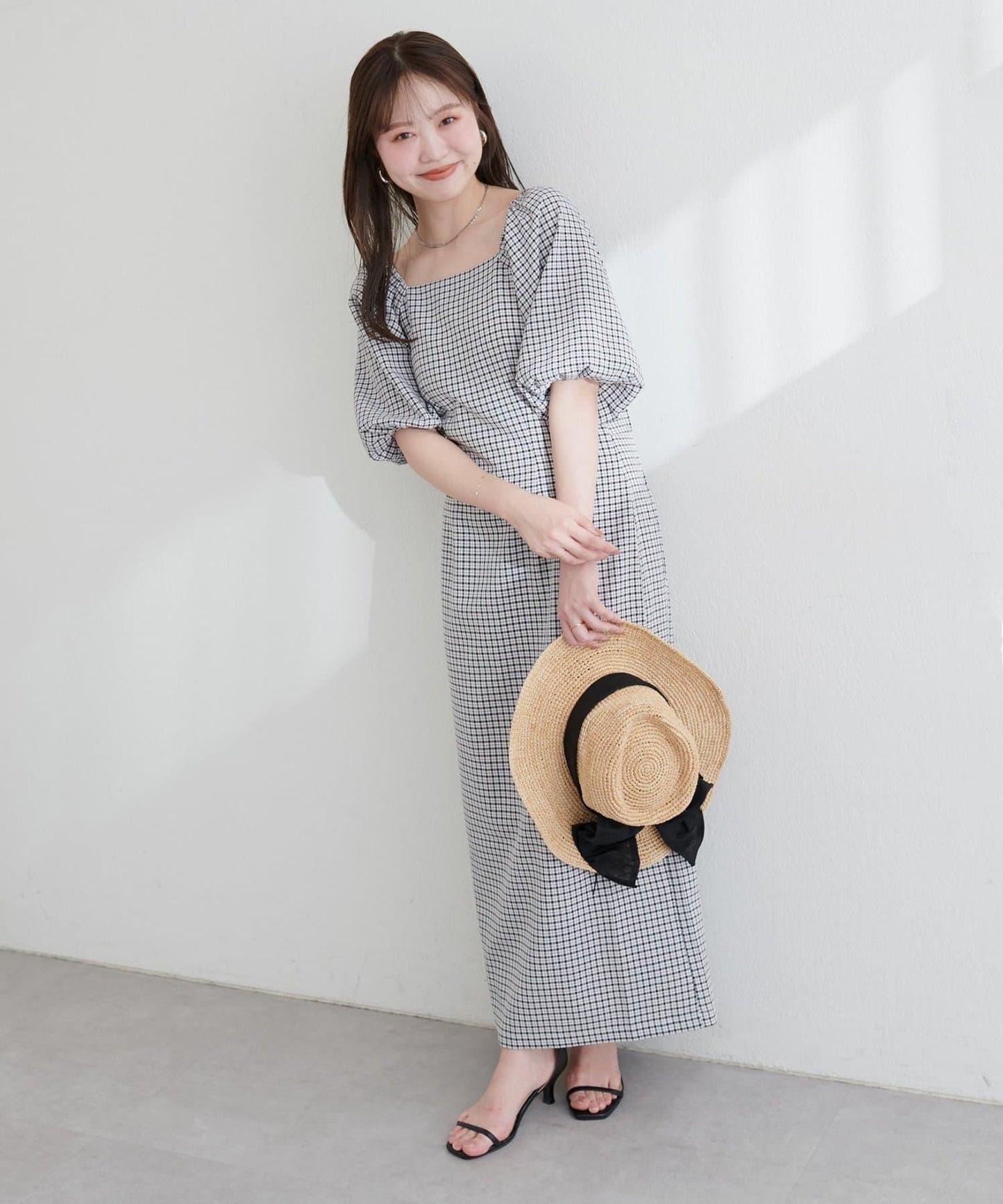 【ako】波浪格紋袖子蓬鬆連衣裙