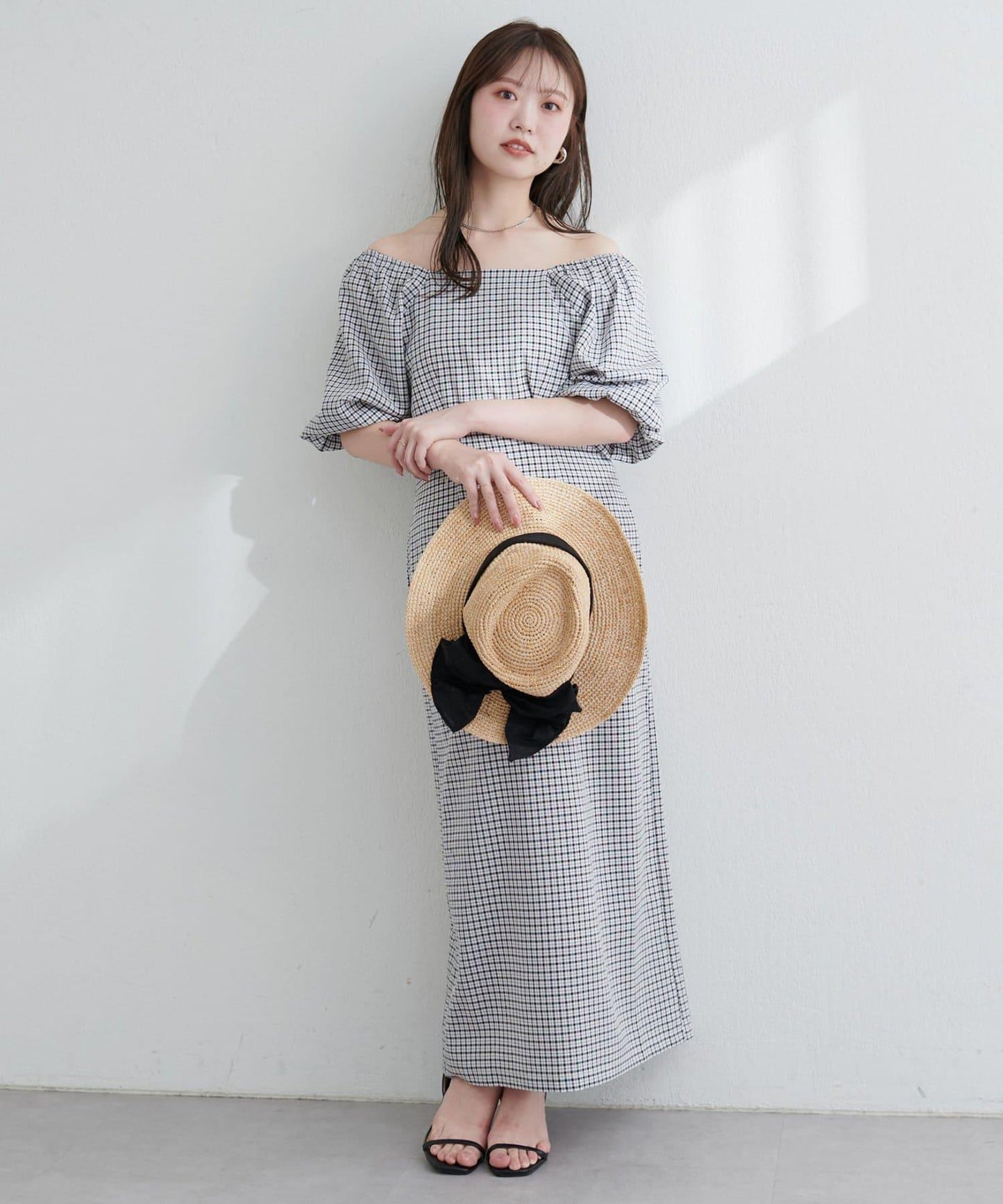 【ako】波浪格紋袖子蓬鬆連衣裙