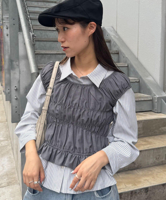 【TERIO韓國企劃】帶荷葉邊背心的條紋襯衫