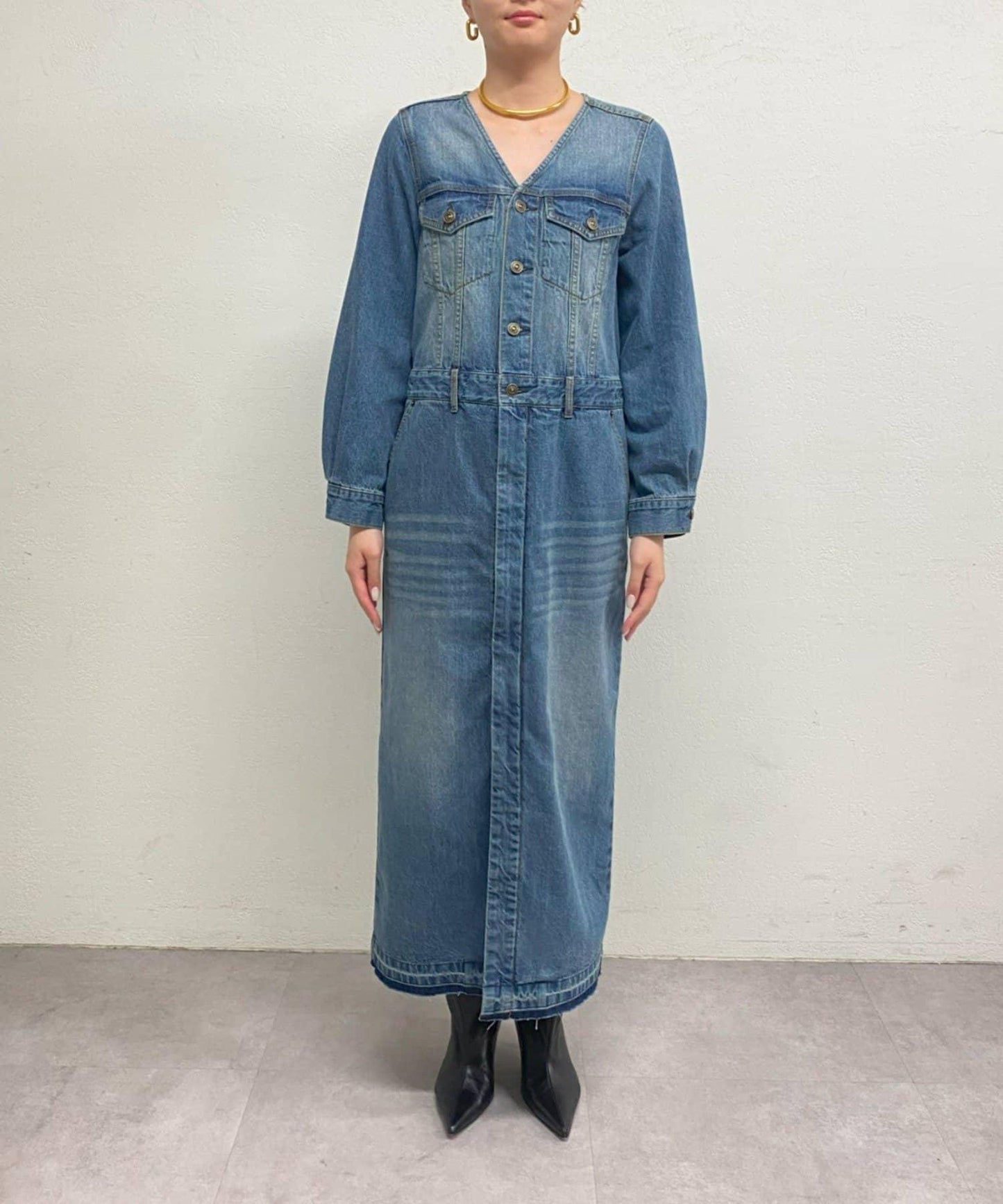 無領牛仔連衣裙