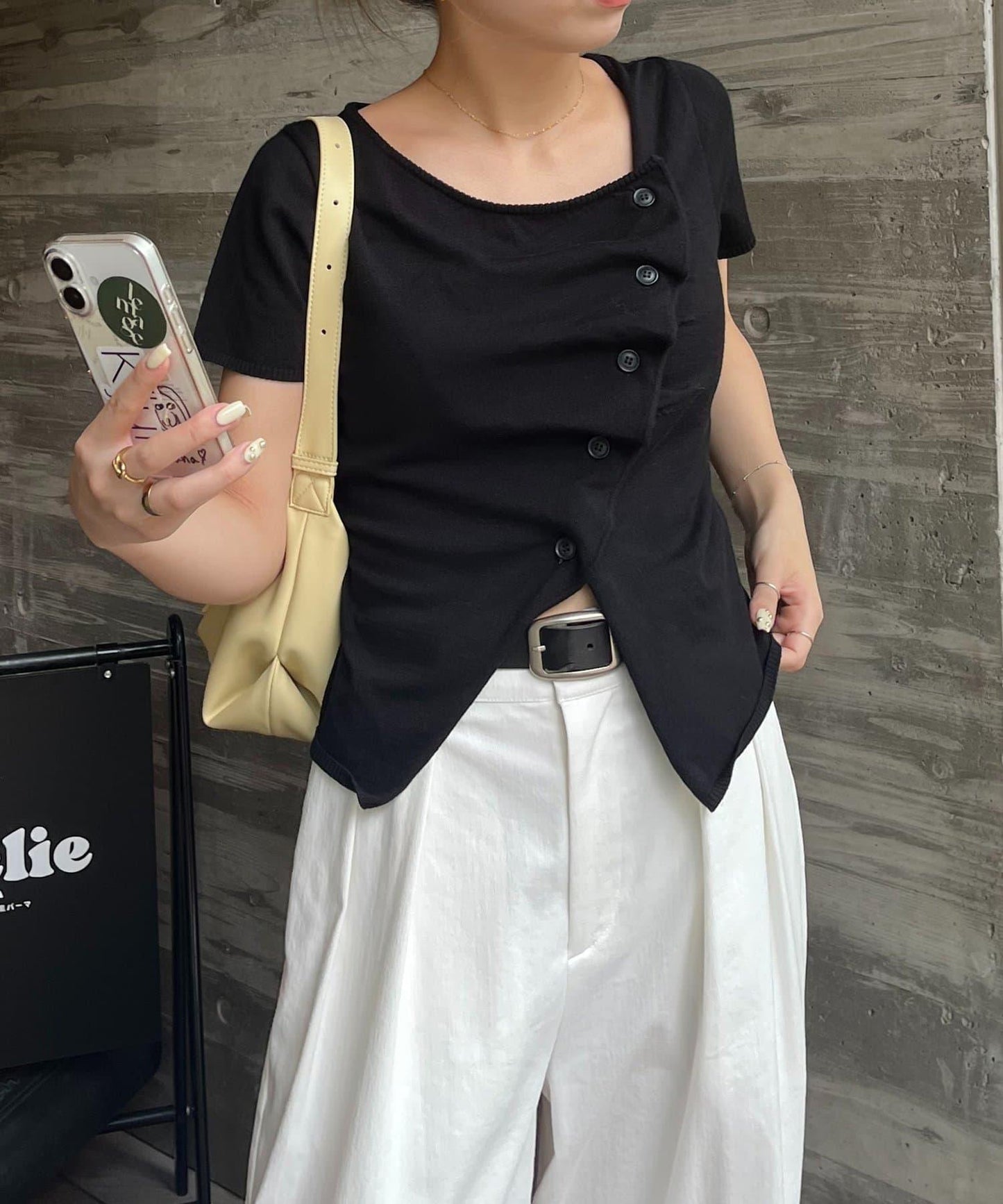 荷葉邊紐扣短袖開衫