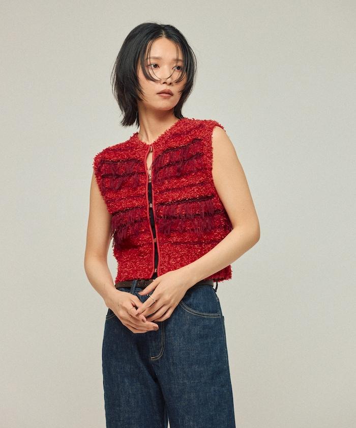 異材質流蘇針織馬甲 / 條紋針織馬甲 25AW