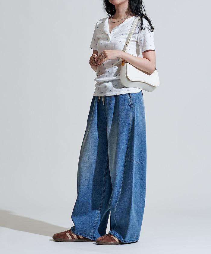 蝴蝶結圖案 刺繡法蘭絨 亨利領T恤