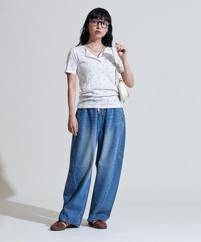 蝴蝶結圖案 刺繡法蘭絨 亨利領T恤