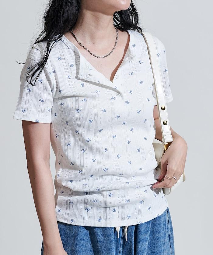 蝴蝶結圖案 刺繡法蘭絨 亨利領T恤