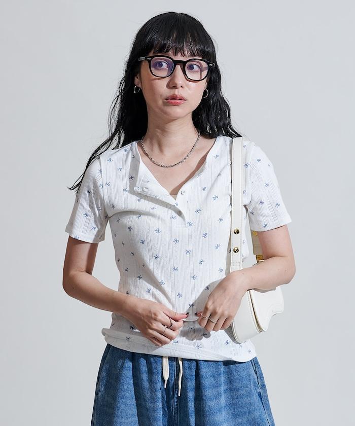 蝴蝶結圖案 刺繡法蘭絨 亨利領T恤