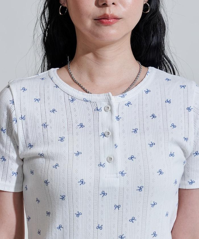 蝴蝶結圖案 刺繡法蘭絨 亨利領T恤