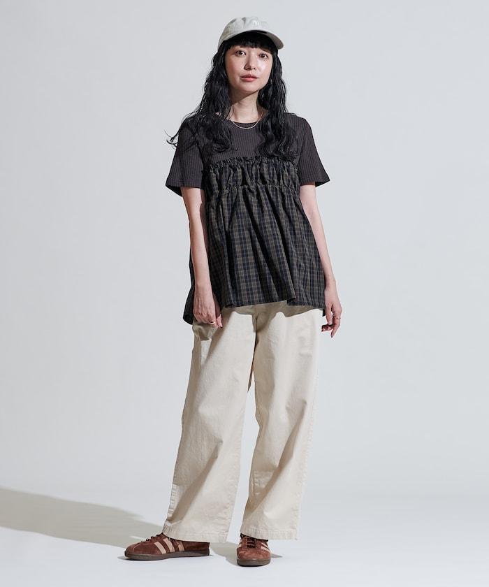 軍裝風格格紋拼接T恤