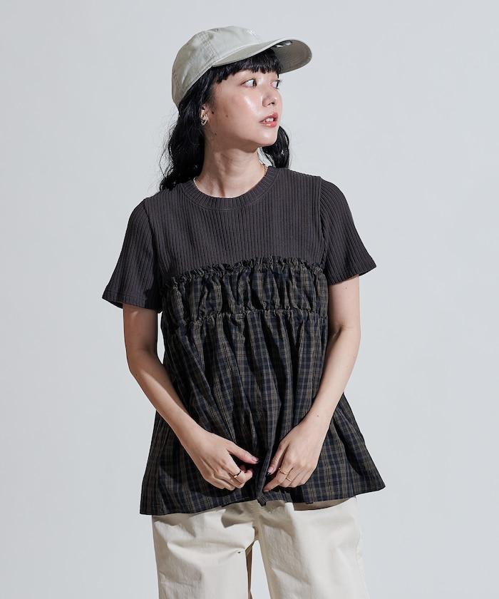 軍裝風格格紋拼接T恤