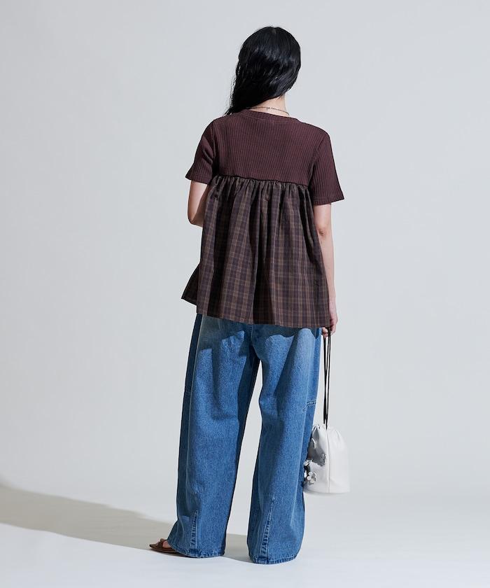 軍裝風格格紋拼接T恤