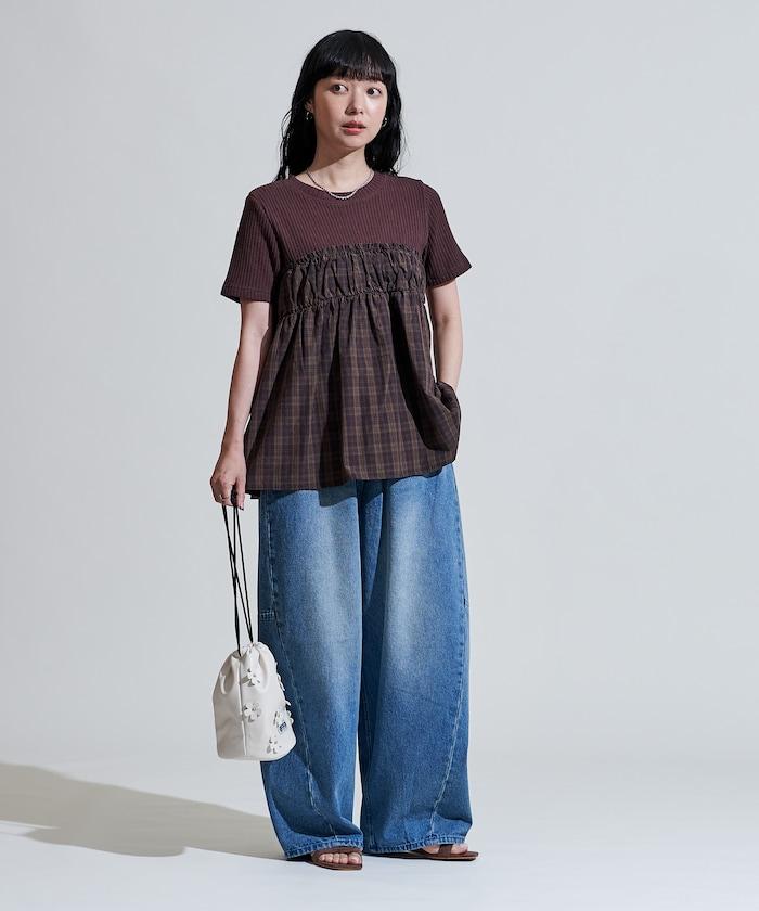 軍裝風格格紋拼接T恤