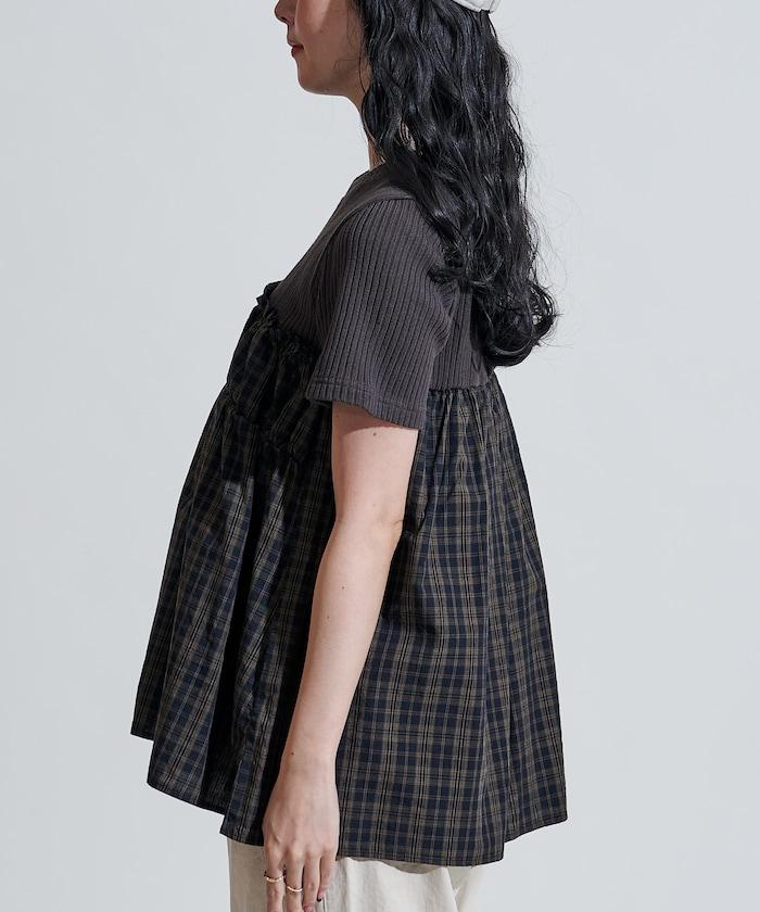 軍裝風格格紋拼接T恤