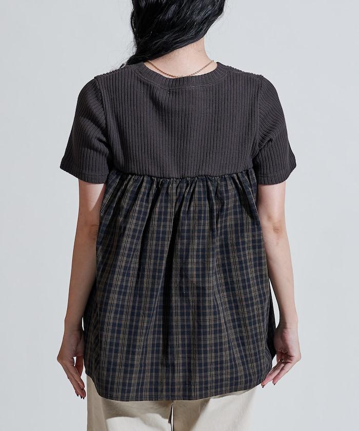 軍裝風格格紋拼接T恤