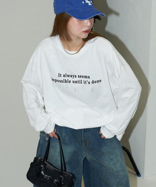 雫 珍珠 配 logo 刺繡 大尺寸T恤