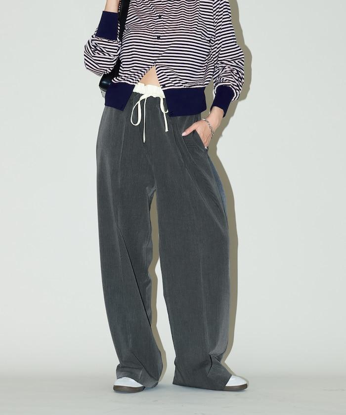 腰部收褶拼接休閒西褲褲子