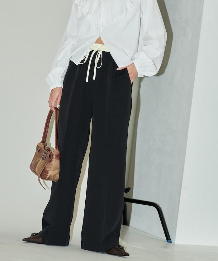 腰部收褶拼接休閒西褲褲子