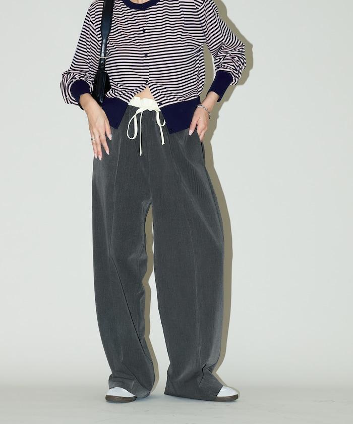 腰部收褶拼接休閒西褲褲子