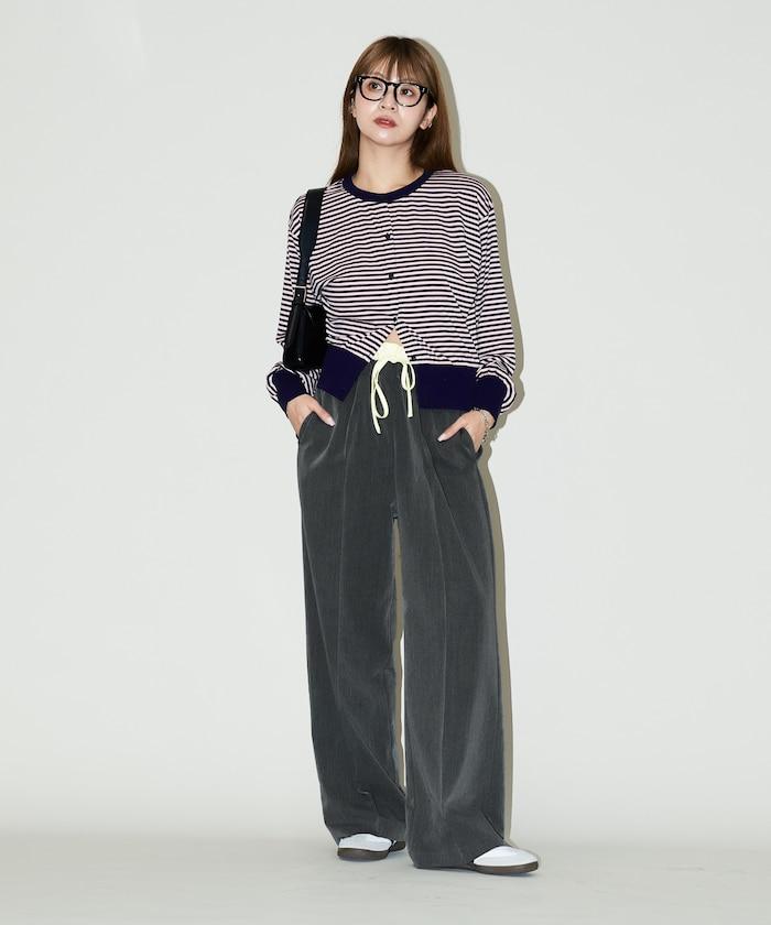 腰部收褶拼接休閒西褲褲子