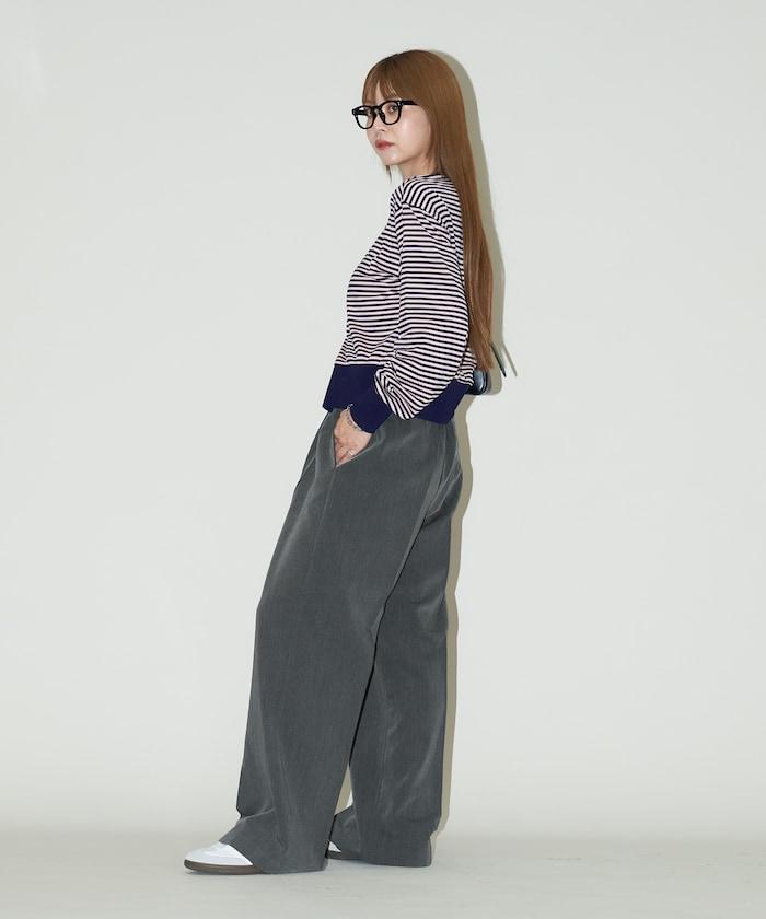 腰部收褶拼接休閒西褲褲子