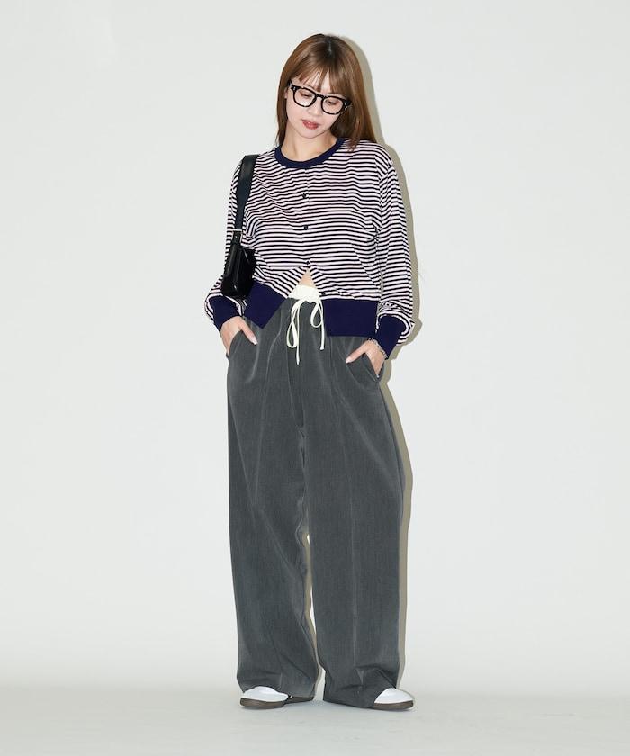 腰部收褶拼接休閒西褲褲子