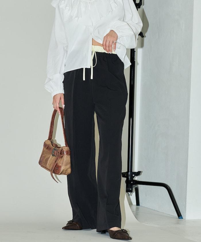 腰部收褶拼接休閒西褲褲子