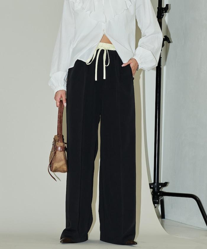 腰部收褶拼接休閒西褲褲子