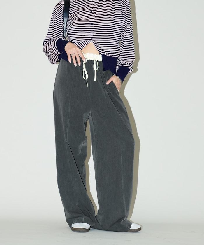 腰部收褶拼接休閒西褲褲子