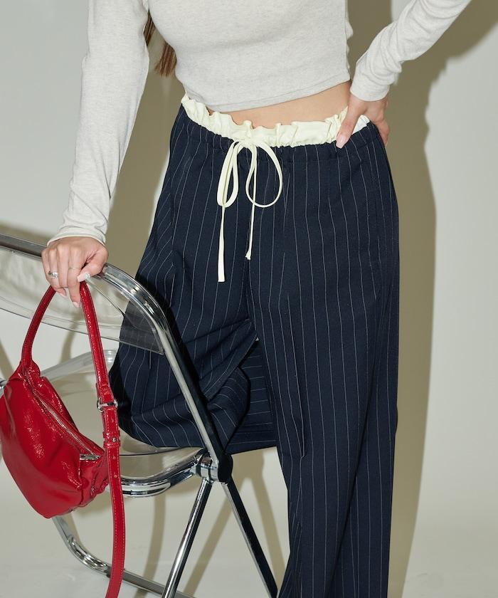 腰部收褶拼接休閒西褲褲子