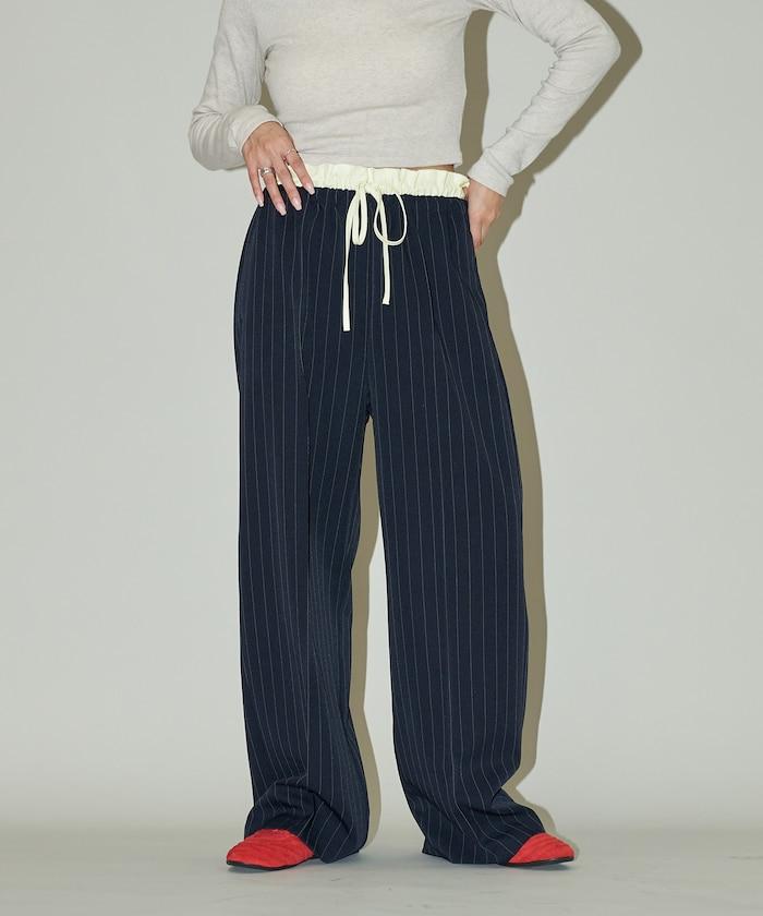 腰部收褶拼接休閒西褲褲子