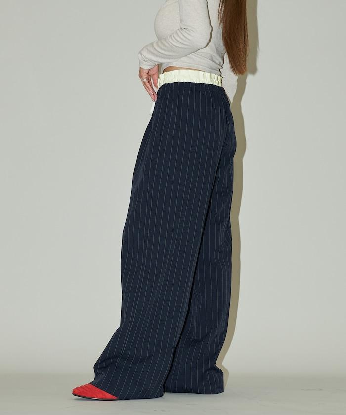 腰部收褶拼接休閒西褲褲子