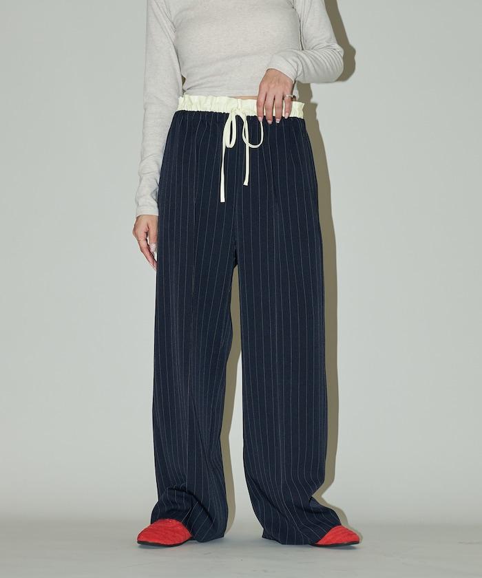 腰部收褶拼接休閒西褲褲子