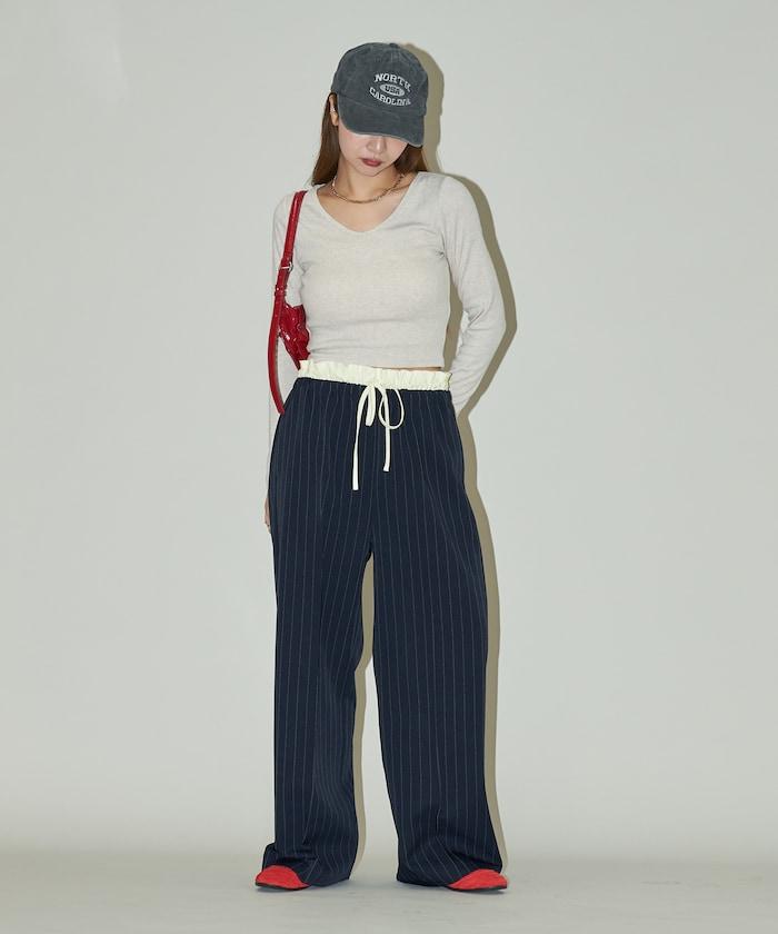 腰部收褶拼接休閒西褲褲子