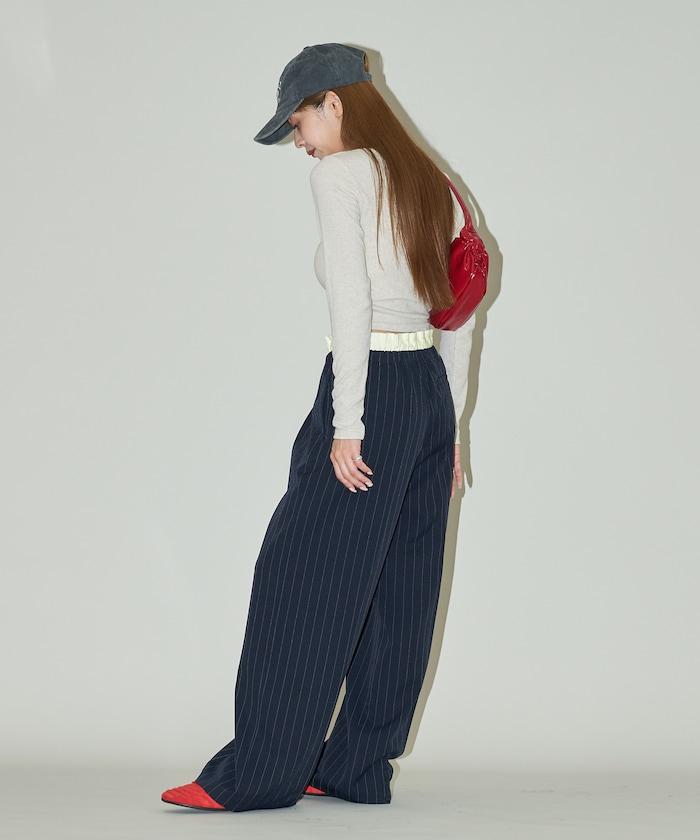 腰部收褶拼接休閒西褲褲子