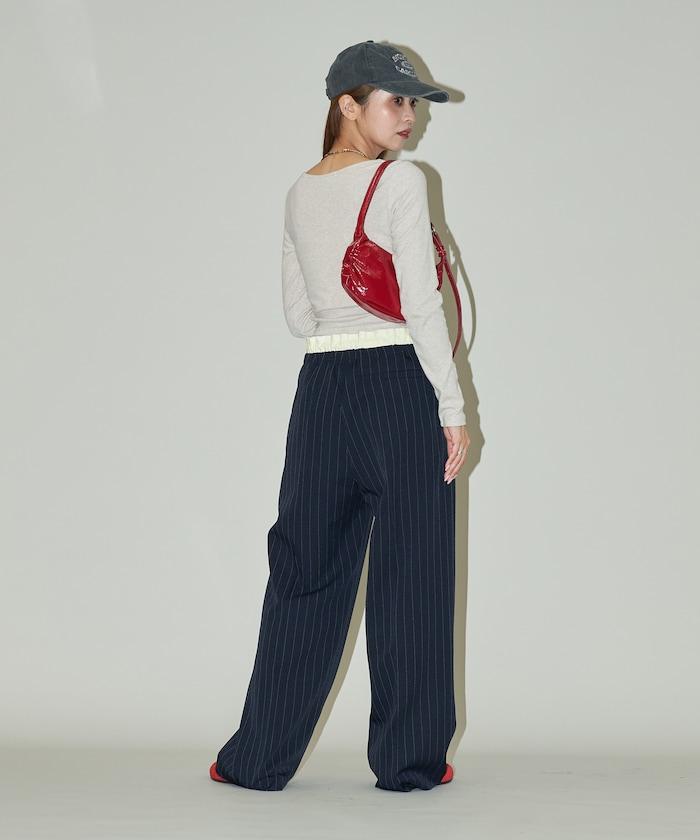 腰部收褶拼接休閒西褲褲子