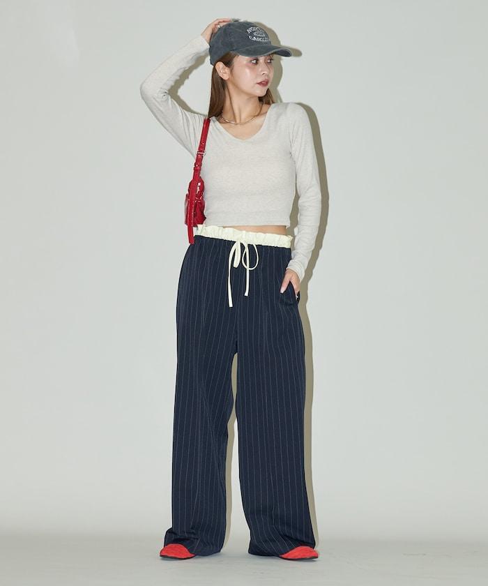 腰部收褶拼接休閒西褲褲子