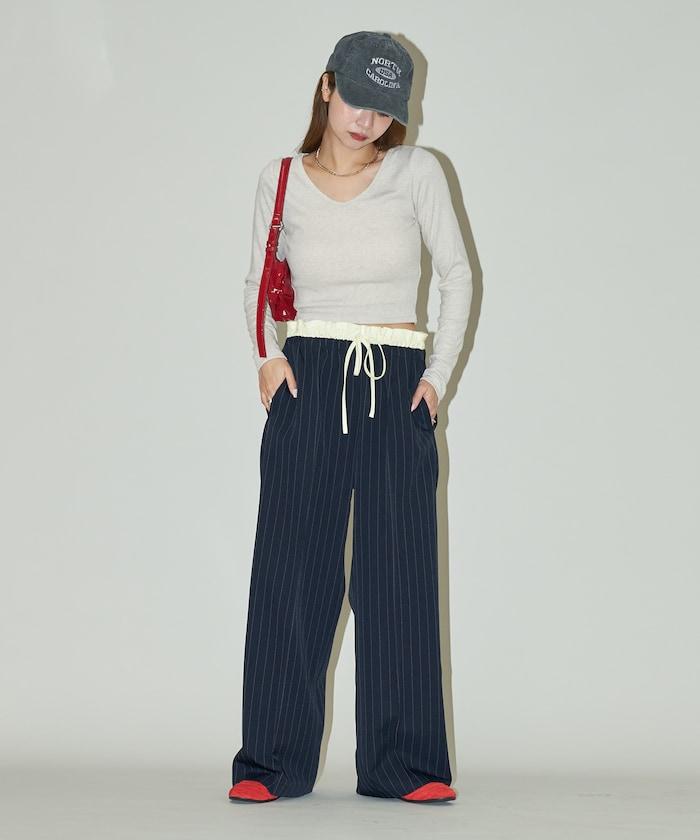 腰部收褶拼接休閒西褲褲子