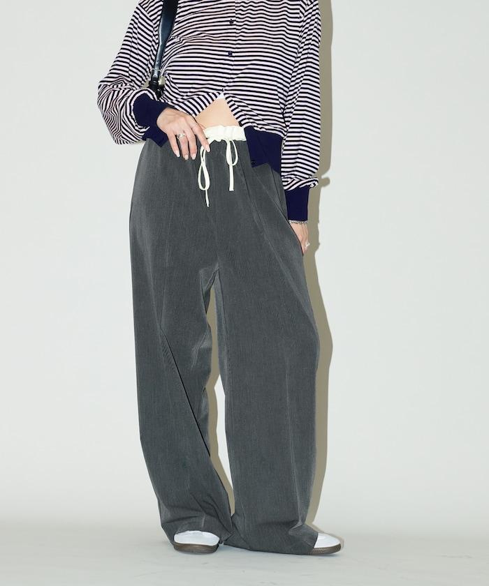 腰部收褶拼接休閒西褲褲子