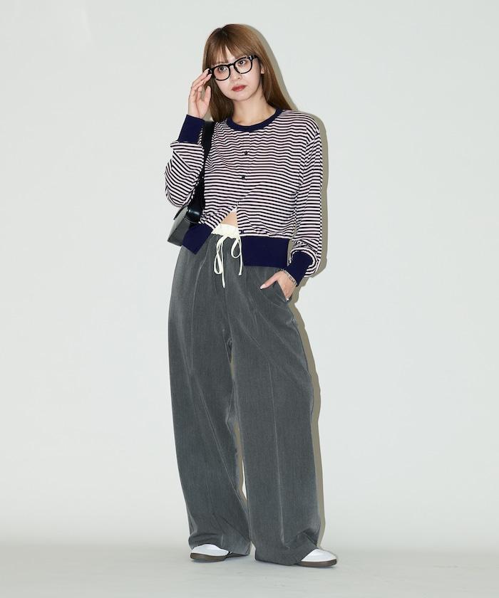 腰部收褶拼接休閒西褲褲子