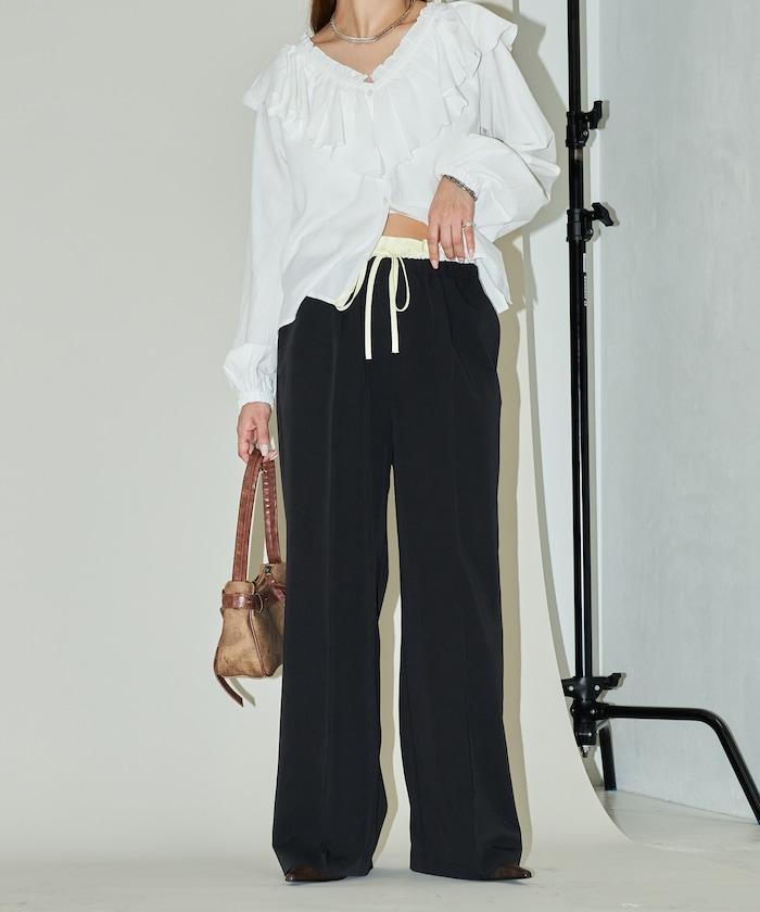 腰部收褶拼接休閒西褲褲子