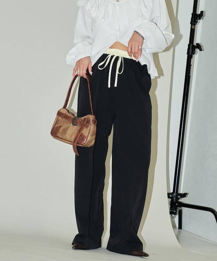 腰部收褶拼接休閒西褲褲子