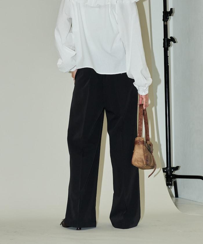 腰部收褶拼接休閒西褲褲子