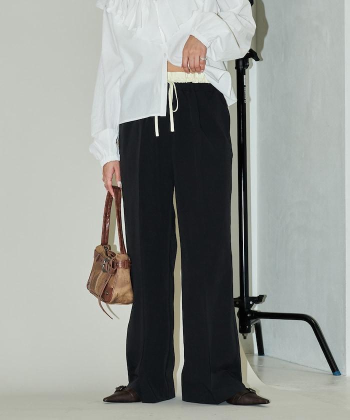 腰部收褶拼接休閒西褲褲子